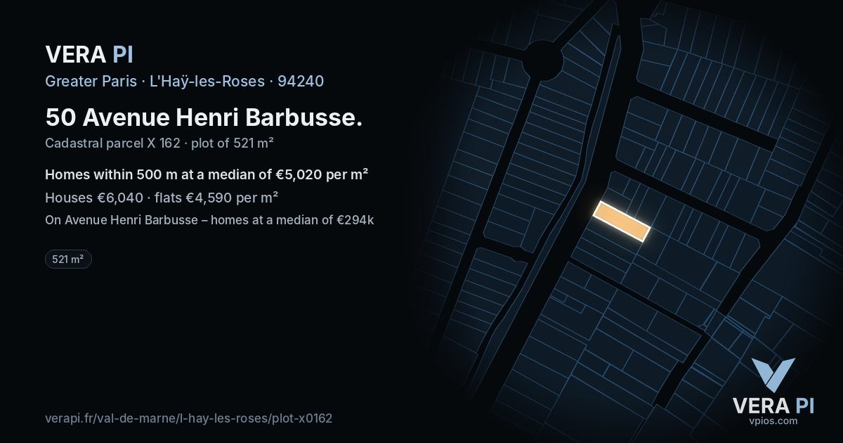 50 Avenue Henri Barbusse, L'Haÿ-les-Roses at night – the plot lit, the parcels around coloured by the prices near them