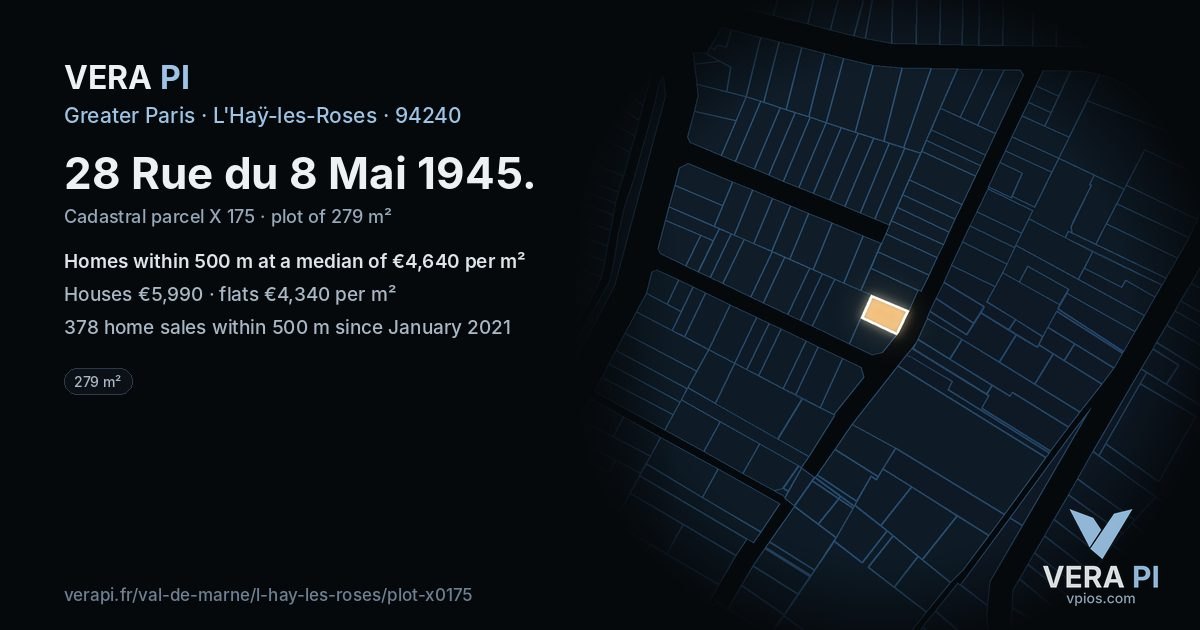 28 Rue du 8 Mai 1945, L'Haÿ-les-Roses at night – the plot lit, the parcels around coloured by the prices near them