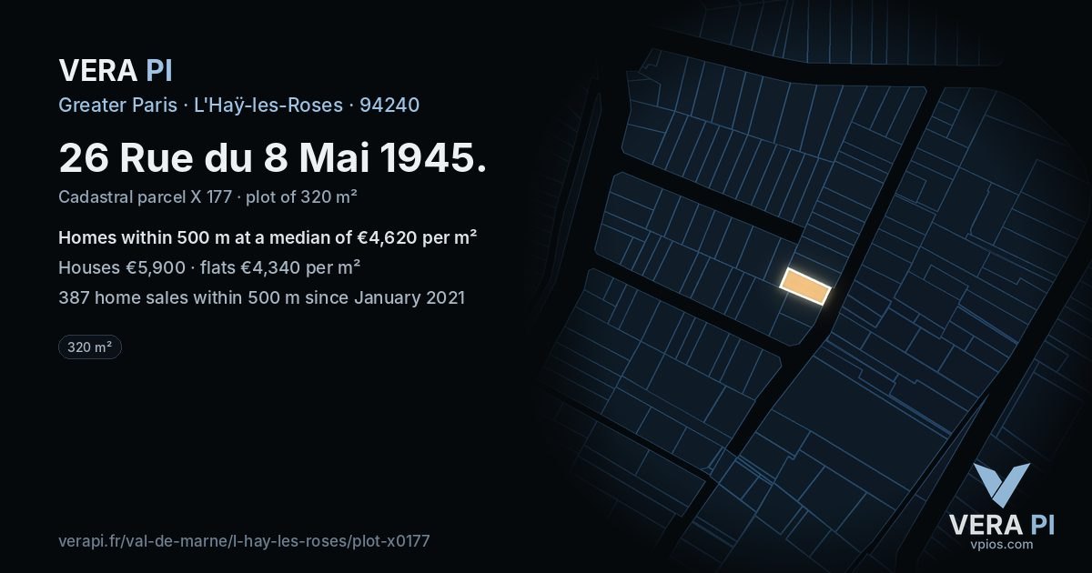 26 Rue du 8 Mai 1945, L'Haÿ-les-Roses at night – the plot lit, the parcels around coloured by the prices near them