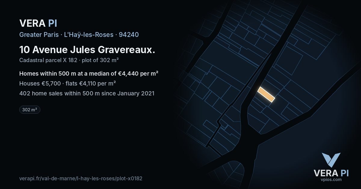 10 Avenue Jules Gravereaux, L'Haÿ-les-Roses at night – the plot lit, the parcels around coloured by the prices near them