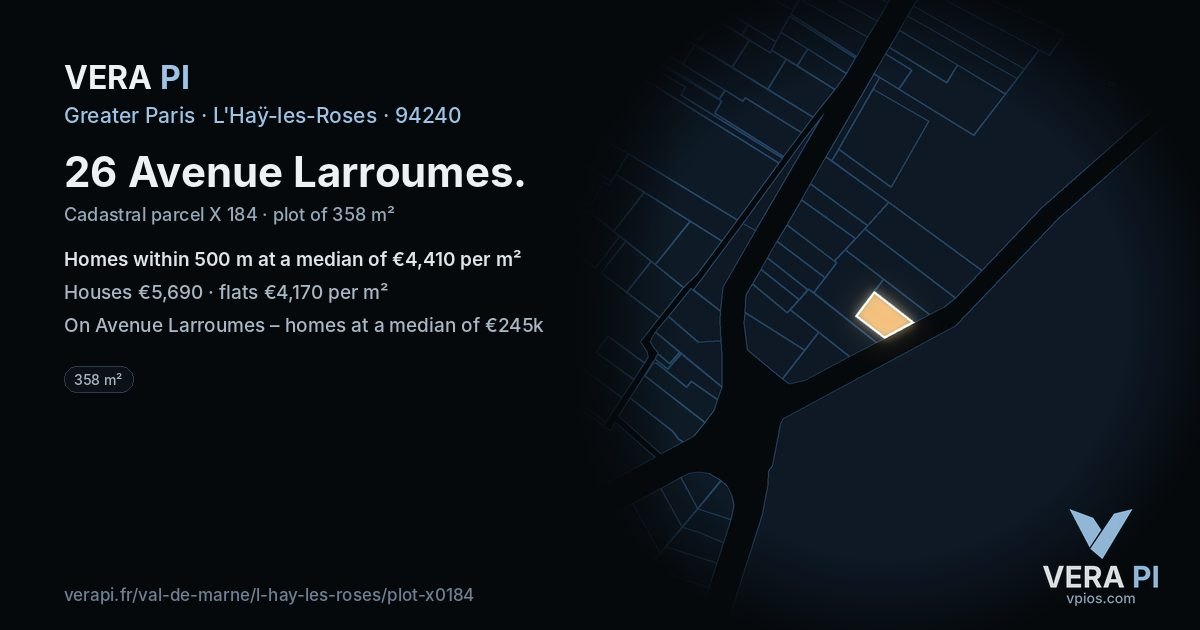 26 Avenue Larroumes, L'Haÿ-les-Roses at night – the plot lit, the parcels around coloured by the prices near them