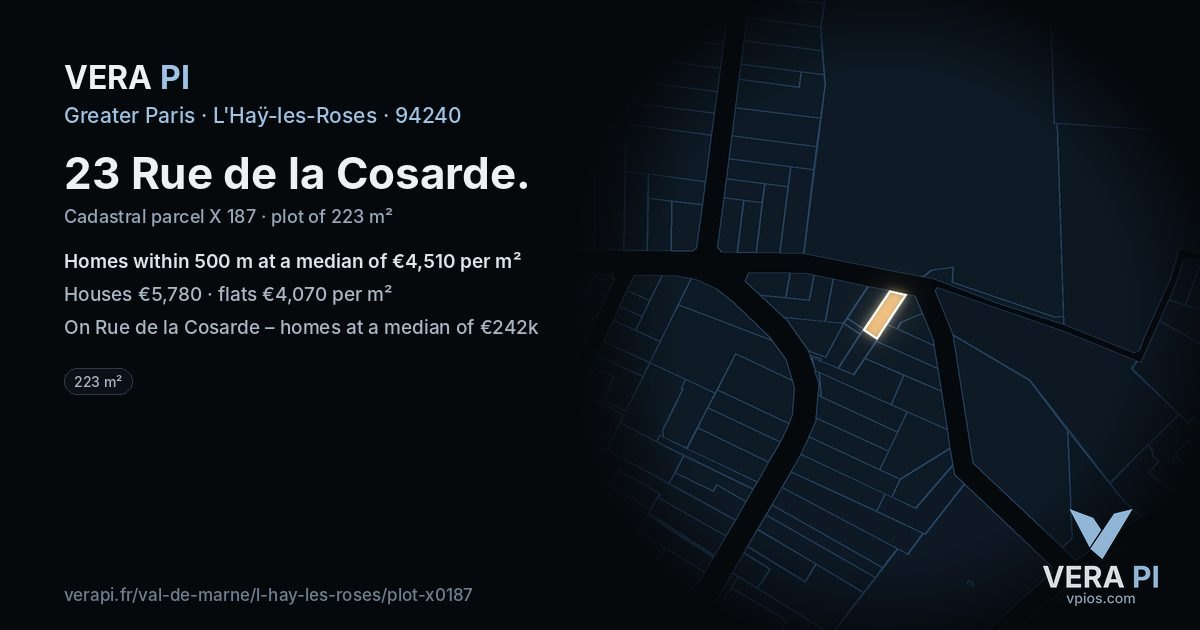23 Rue de la Cosarde, L'Haÿ-les-Roses at night – the plot lit, the parcels around coloured by the prices near them