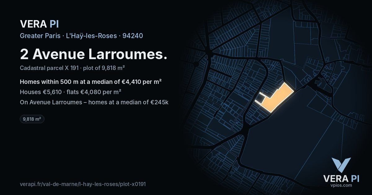 2 Avenue Larroumes, L'Haÿ-les-Roses at night – the plot lit, the parcels around coloured by the prices near them