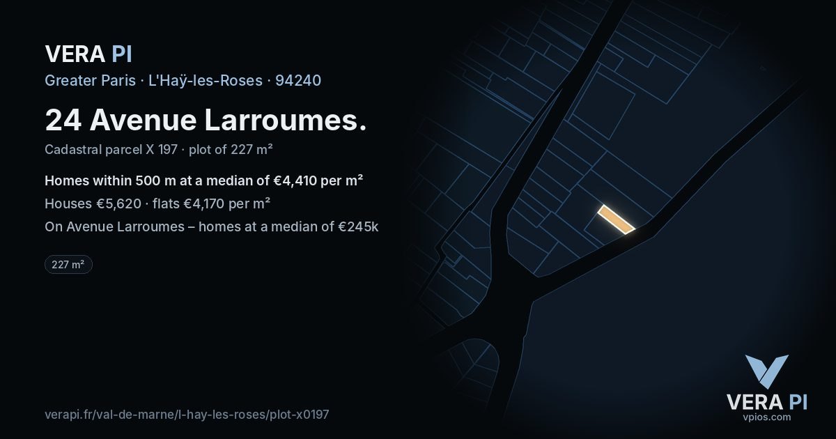 24 Avenue Larroumes, L'Haÿ-les-Roses at night – the plot lit, the parcels around coloured by the prices near them