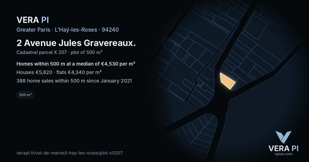 2 Avenue Jules Gravereaux, L'Haÿ-les-Roses at night – the plot lit, the parcels around coloured by the prices near them