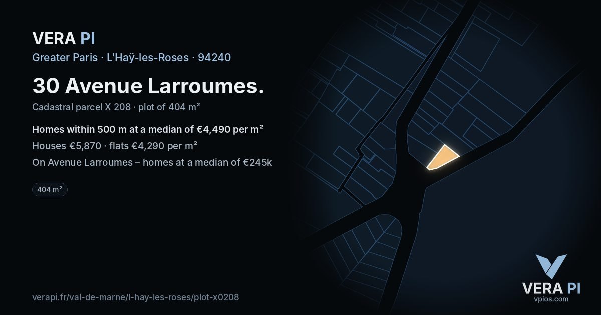 30 Avenue Larroumes, L'Haÿ-les-Roses at night – the plot lit, the parcels around coloured by the prices near them