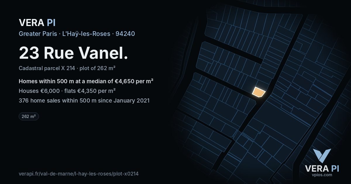 23 Rue Vanel, L'Haÿ-les-Roses at night – the plot lit, the parcels around coloured by the prices near them
