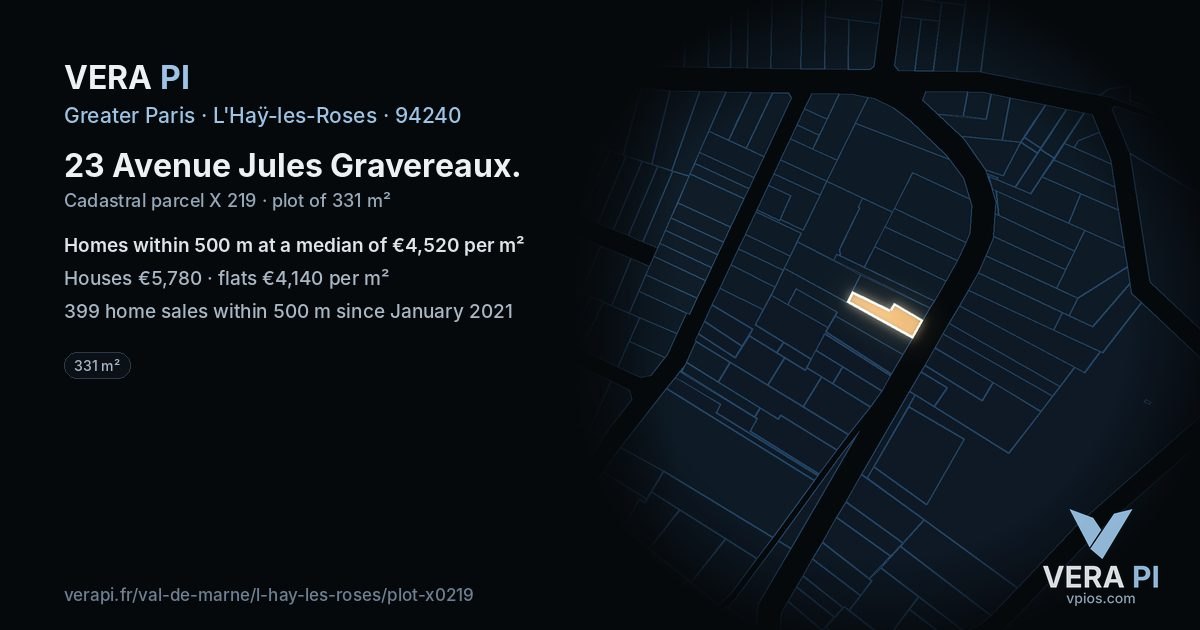 23 Avenue Jules Gravereaux, L'Haÿ-les-Roses at night – the plot lit, the parcels around coloured by the prices near them