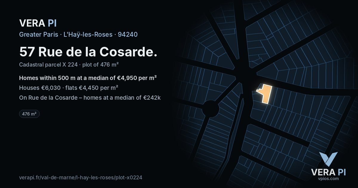 57 Rue de la Cosarde, L'Haÿ-les-Roses at night – the plot lit, the parcels around coloured by the prices near them