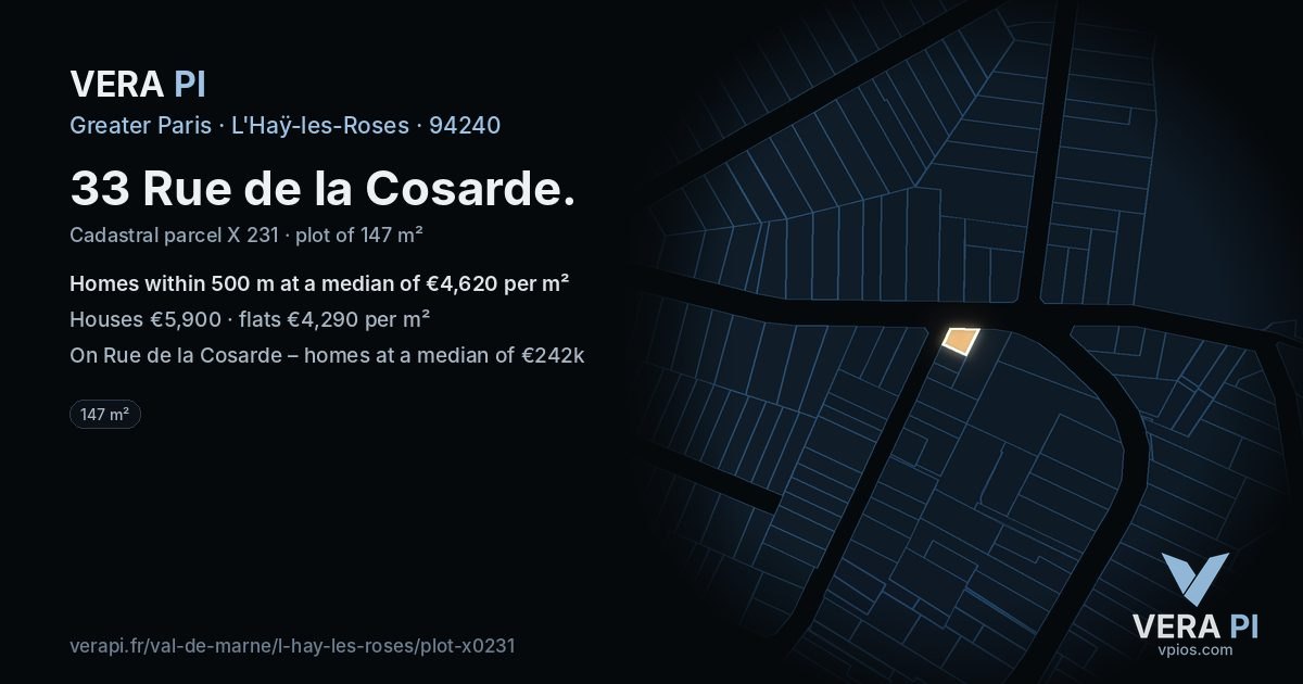 33 Rue de la Cosarde, L'Haÿ-les-Roses at night – the plot lit, the parcels around coloured by the prices near them