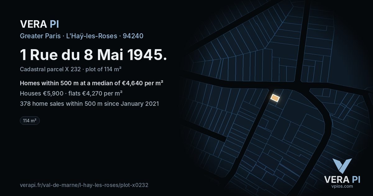 1 Rue du 8 Mai 1945, L'Haÿ-les-Roses at night – the plot lit, the parcels around coloured by the prices near them