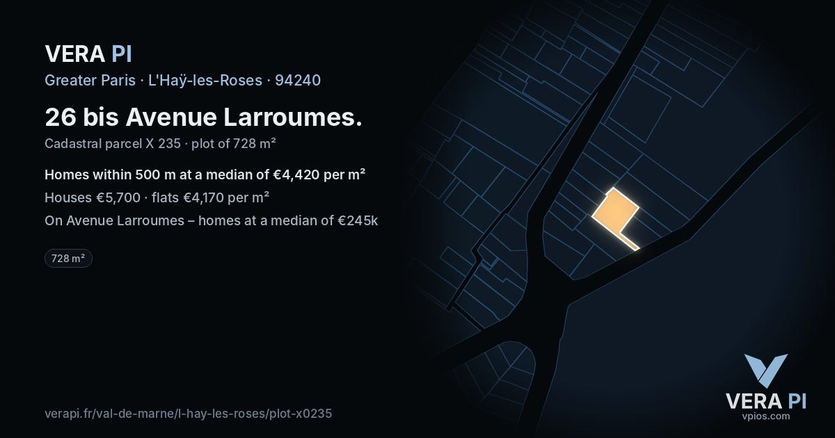 26 bis Avenue Larroumes, L'Haÿ-les-Roses at night – the plot lit, the parcels around coloured by the prices near them