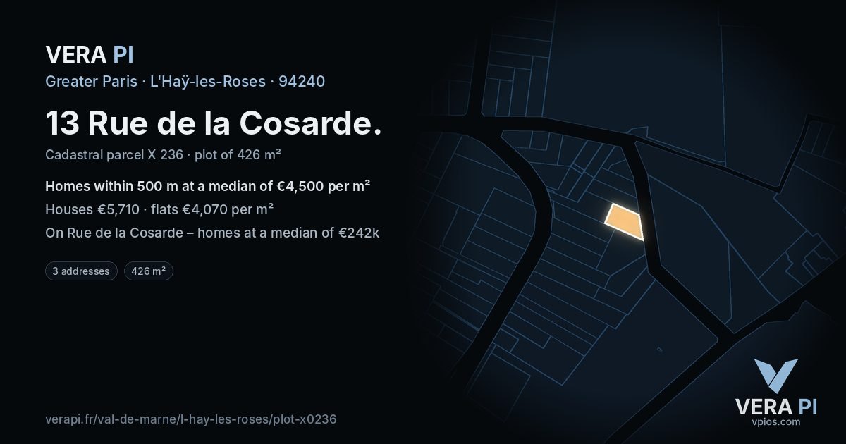 13 Rue de la Cosarde, L'Haÿ-les-Roses at night – the plot lit, the parcels around coloured by the prices near them