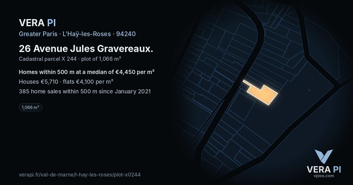 26 Avenue Jules Gravereaux, L'Haÿ-les-Roses at night – the plot lit, the parcels around coloured by the prices near them