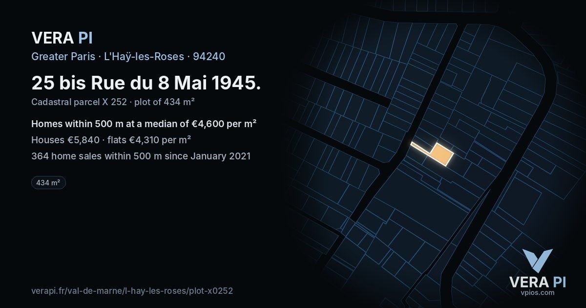 25 bis Rue du 8 Mai 1945, L'Haÿ-les-Roses at night – the plot lit, the parcels around coloured by the prices near them