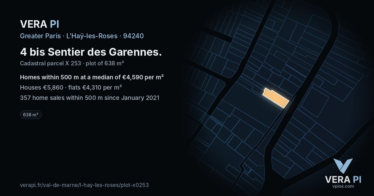 4 bis Sentier des Garennes, L'Haÿ-les-Roses at night – the plot lit, the parcels around coloured by the prices near them