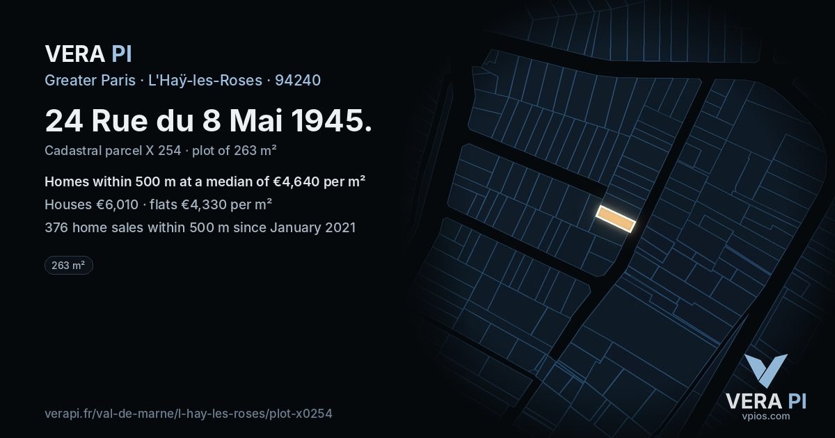 24 Rue du 8 Mai 1945, L'Haÿ-les-Roses at night – the plot lit, the parcels around coloured by the prices near them
