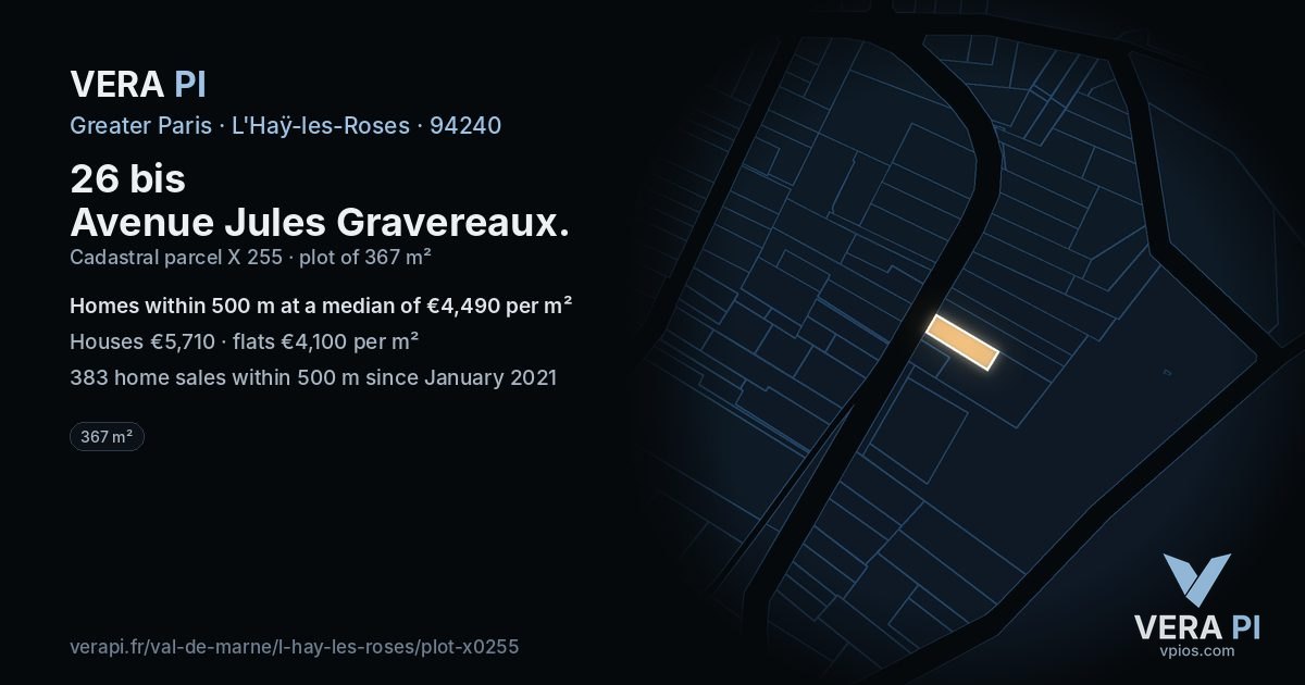26 bis Avenue Jules Gravereaux, L'Haÿ-les-Roses at night – the plot lit, the parcels around coloured by the prices near them