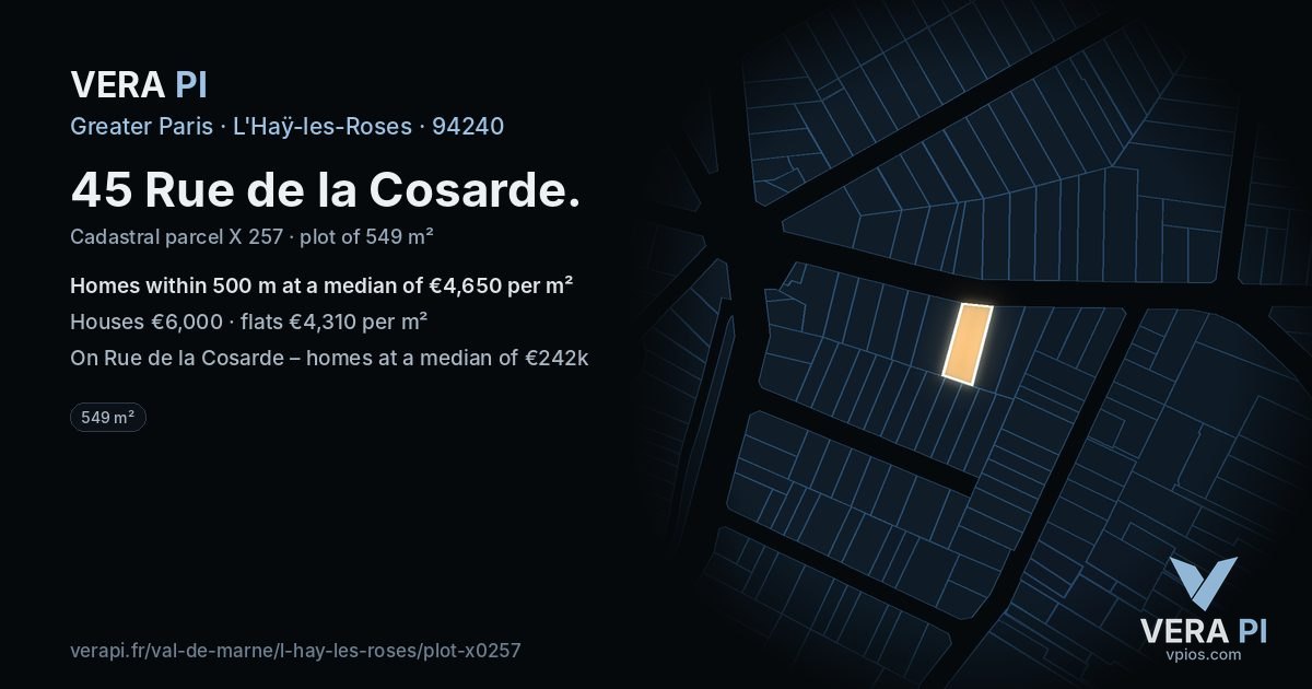45 Rue de la Cosarde, L'Haÿ-les-Roses at night – the plot lit, the parcels around coloured by the prices near them