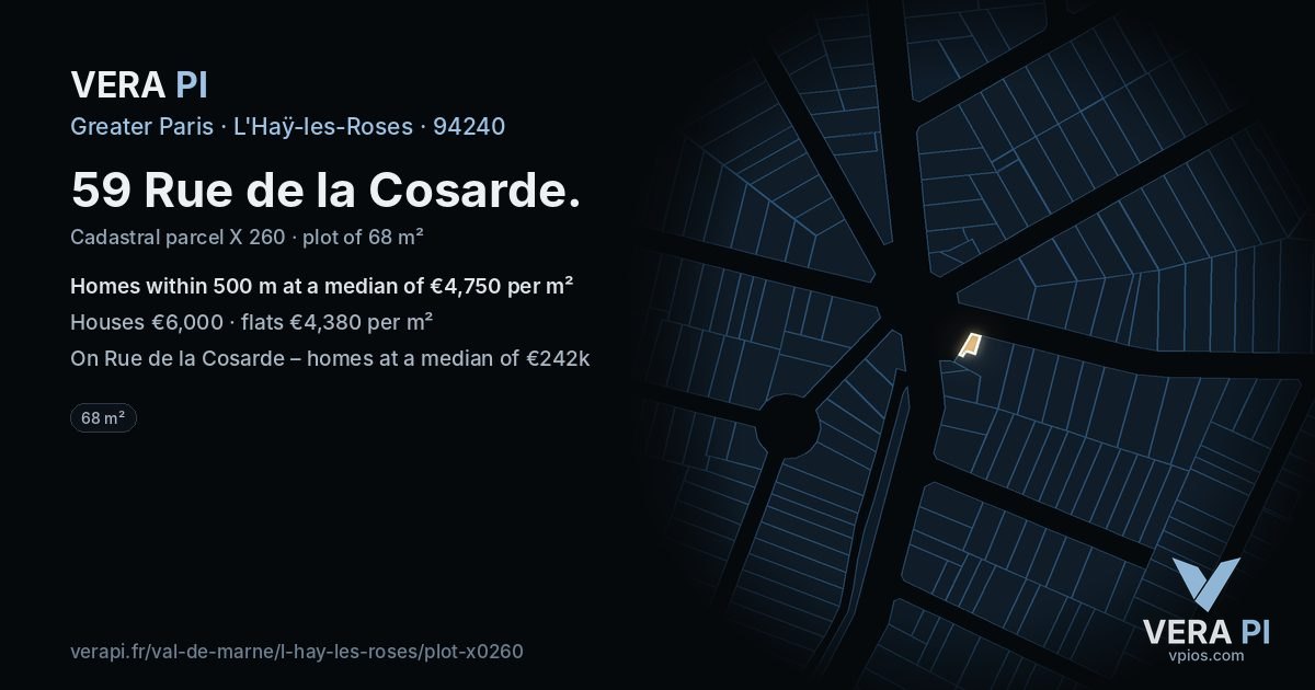 59 Rue de la Cosarde, L'Haÿ-les-Roses at night – the plot lit, the parcels around coloured by the prices near them