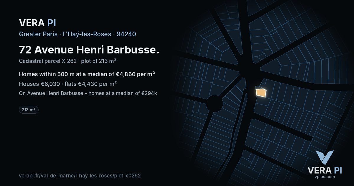 72 Avenue Henri Barbusse, L'Haÿ-les-Roses at night – the plot lit, the parcels around coloured by the prices near them