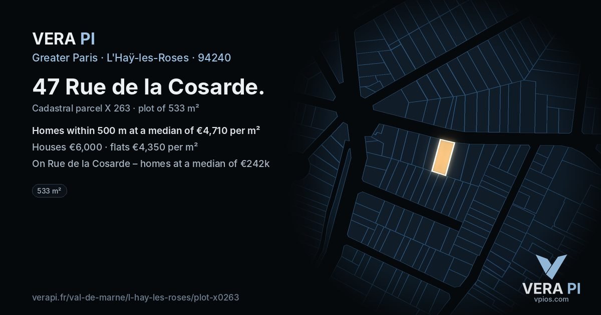 47 Rue de la Cosarde, L'Haÿ-les-Roses at night – the plot lit, the parcels around coloured by the prices near them