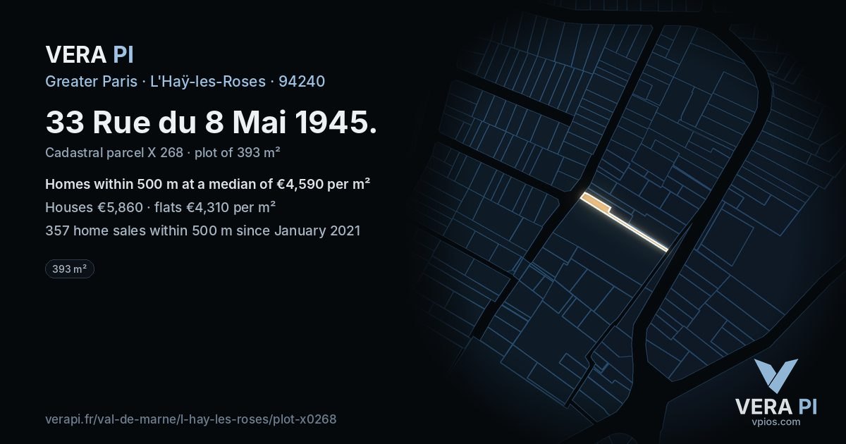 33 Rue du 8 Mai 1945, L'Haÿ-les-Roses at night – the plot lit, the parcels around coloured by the prices near them