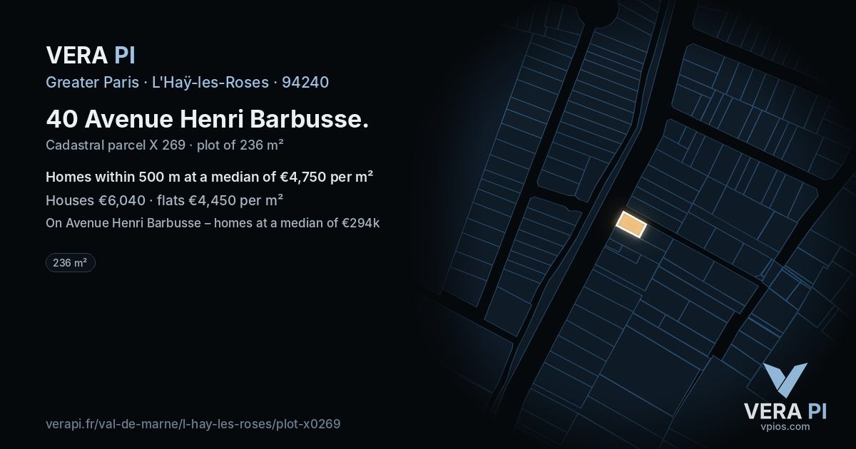 40 Avenue Henri Barbusse, L'Haÿ-les-Roses at night – the plot lit, the parcels around coloured by the prices near them