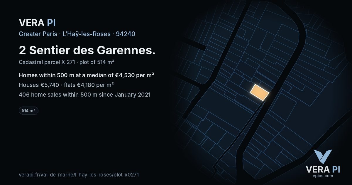2 Sentier des Garennes, L'Haÿ-les-Roses at night – the plot lit, the parcels around coloured by the prices near them