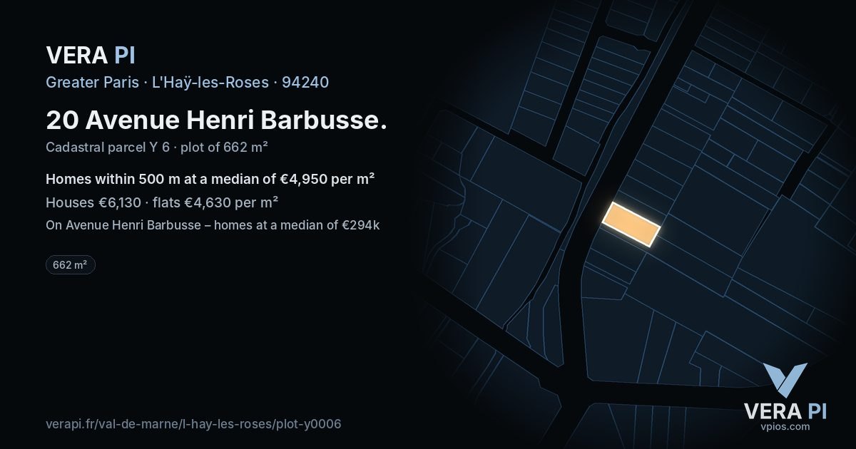 20 Avenue Henri Barbusse, L'Haÿ-les-Roses at night – the plot lit, the parcels around coloured by the prices near them
