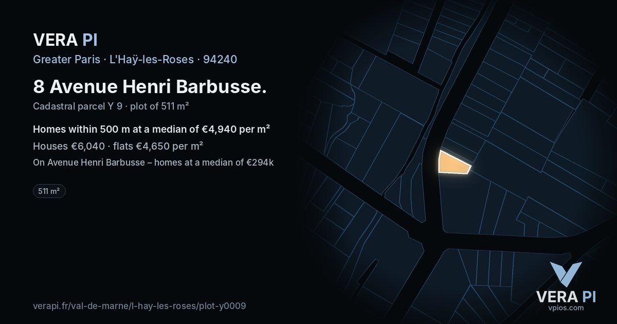 8 Avenue Henri Barbusse, L'Haÿ-les-Roses at night – the plot lit, the parcels around coloured by the prices near them