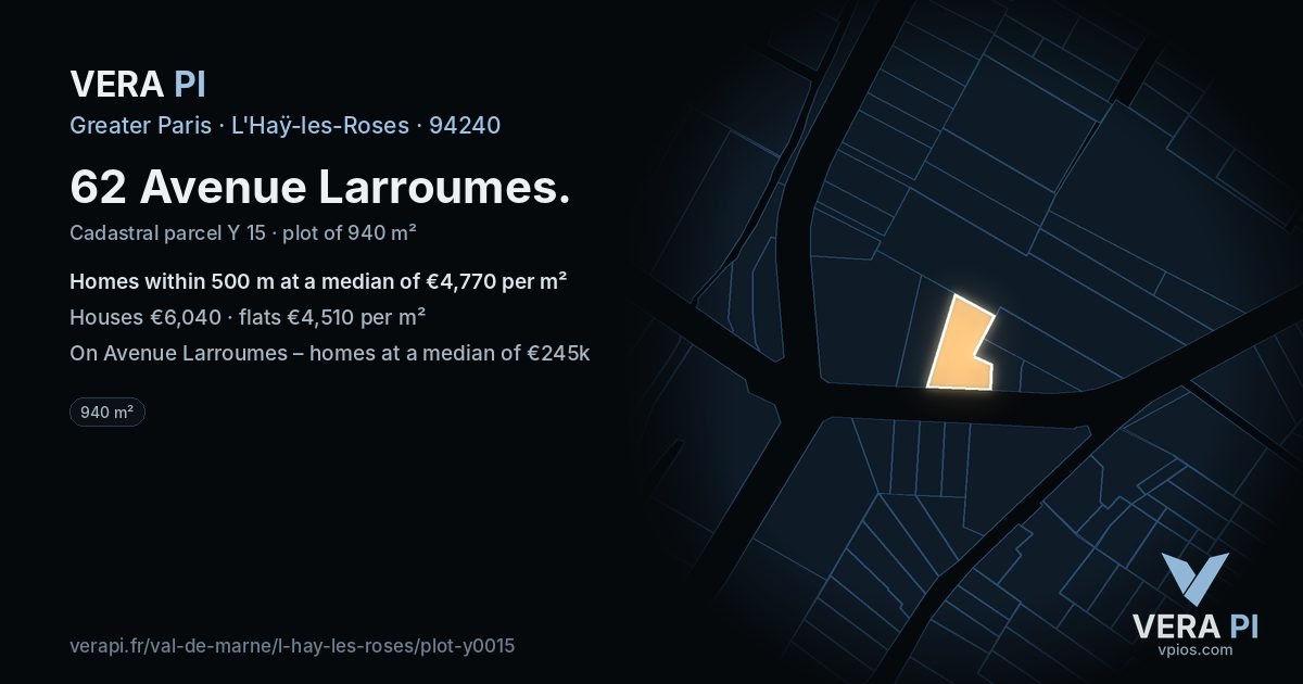 62 Avenue Larroumes, L'Haÿ-les-Roses at night – the plot lit, the parcels around coloured by the prices near them