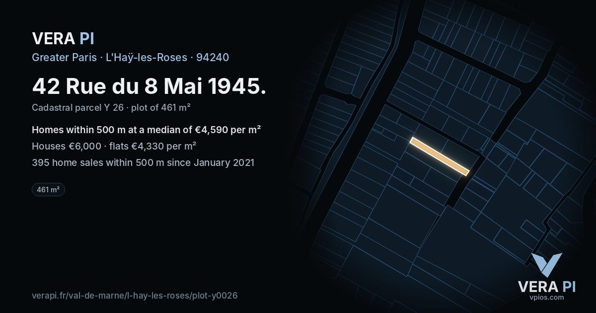 42 Rue du 8 Mai 1945, L'Haÿ-les-Roses at night – the plot lit, the parcels around coloured by the prices near them