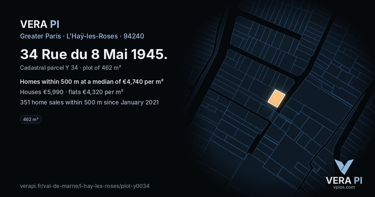 34 Rue du 8 Mai 1945, L'Haÿ-les-Roses at night – the plot lit, the parcels around coloured by the prices near them