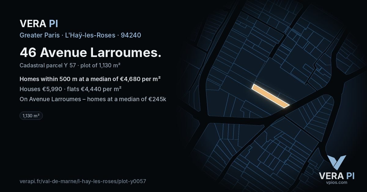 46 Avenue Larroumes, L'Haÿ-les-Roses at night – the plot lit, the parcels around coloured by the prices near them