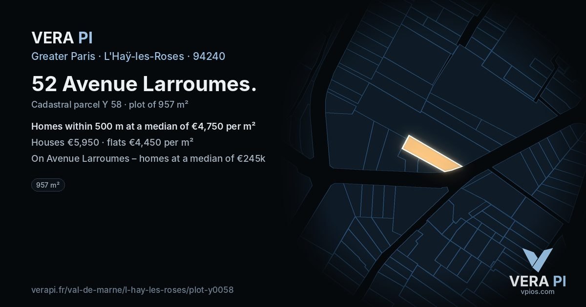 52 Avenue Larroumes, L'Haÿ-les-Roses at night – the plot lit, the parcels around coloured by the prices near them