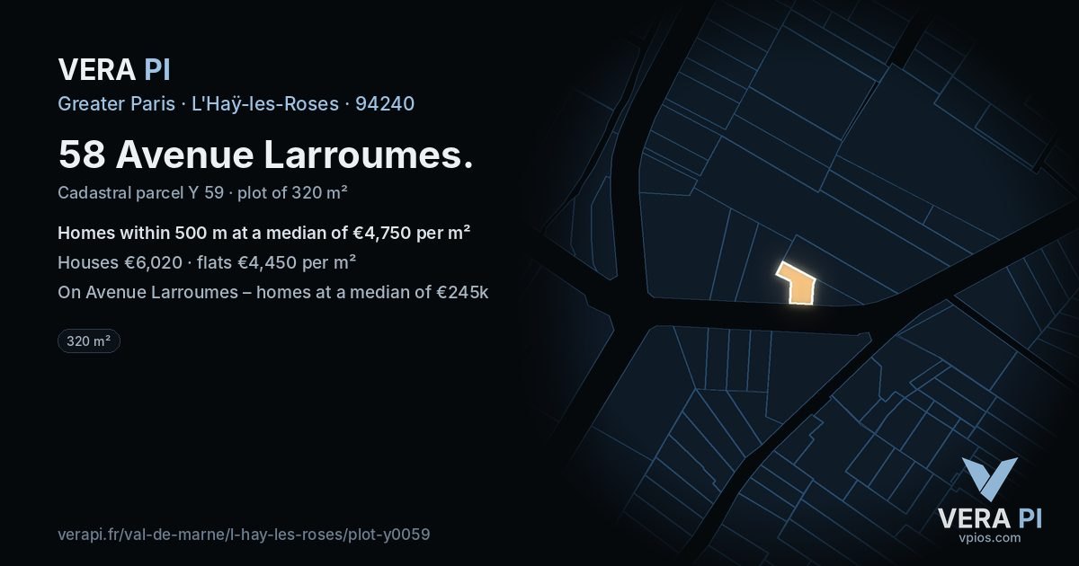 58 Avenue Larroumes, L'Haÿ-les-Roses at night – the plot lit, the parcels around coloured by the prices near them