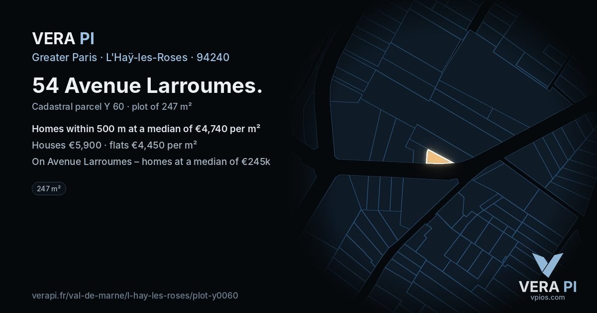 54 Avenue Larroumes, L'Haÿ-les-Roses at night – the plot lit, the parcels around coloured by the prices near them
