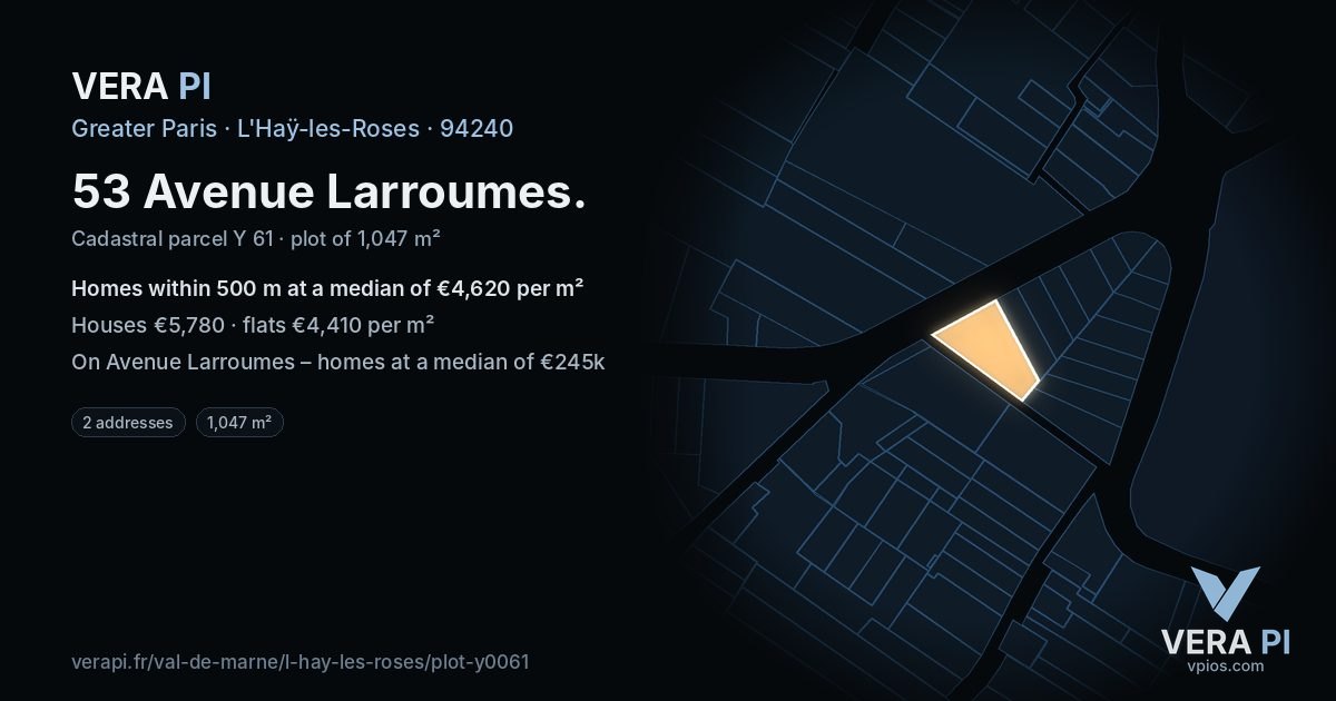 53 Avenue Larroumes, L'Haÿ-les-Roses at night – the plot lit, the parcels around coloured by the prices near them