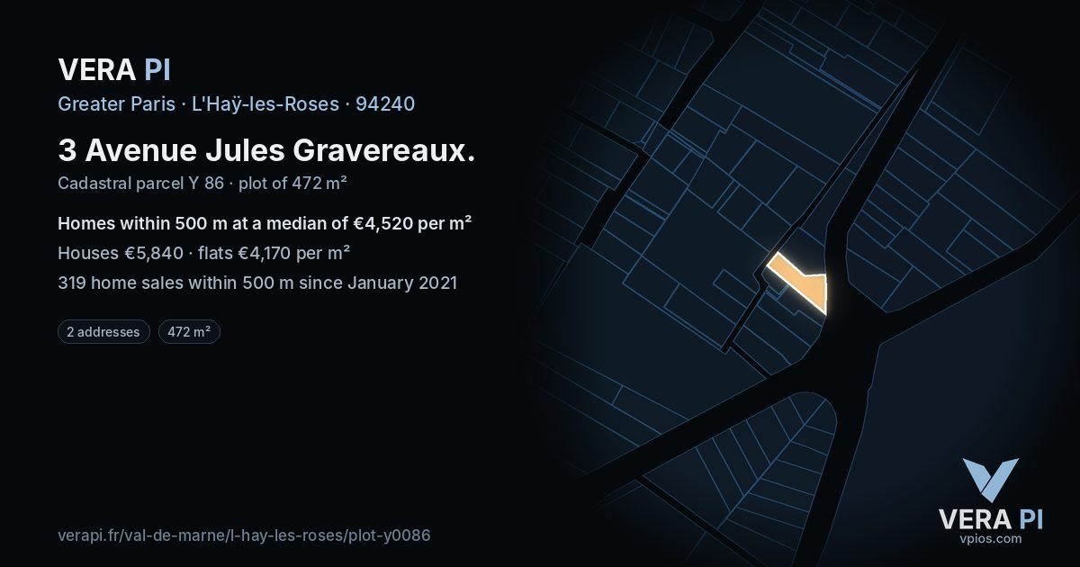 3 Avenue Jules Gravereaux, L'Haÿ-les-Roses at night – the plot lit, the parcels around coloured by the prices near them