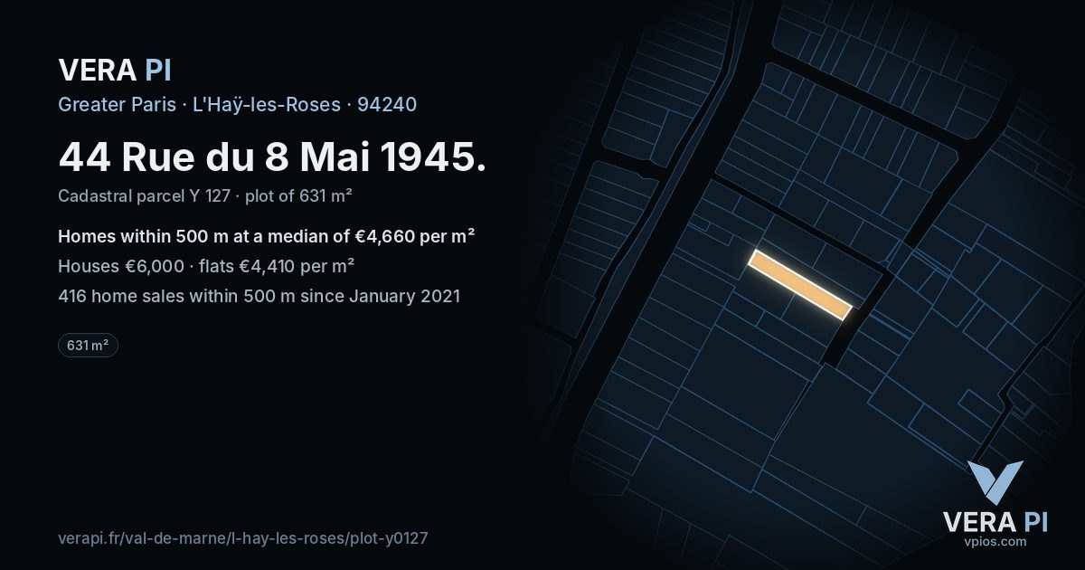 44 Rue du 8 Mai 1945, L'Haÿ-les-Roses at night – the plot lit, the parcels around coloured by the prices near them