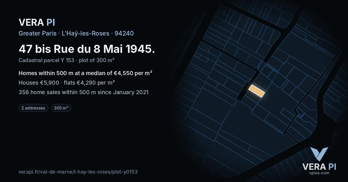 47 bis Rue du 8 Mai 1945, L'Haÿ-les-Roses at night – the plot lit, the parcels around coloured by the prices near them