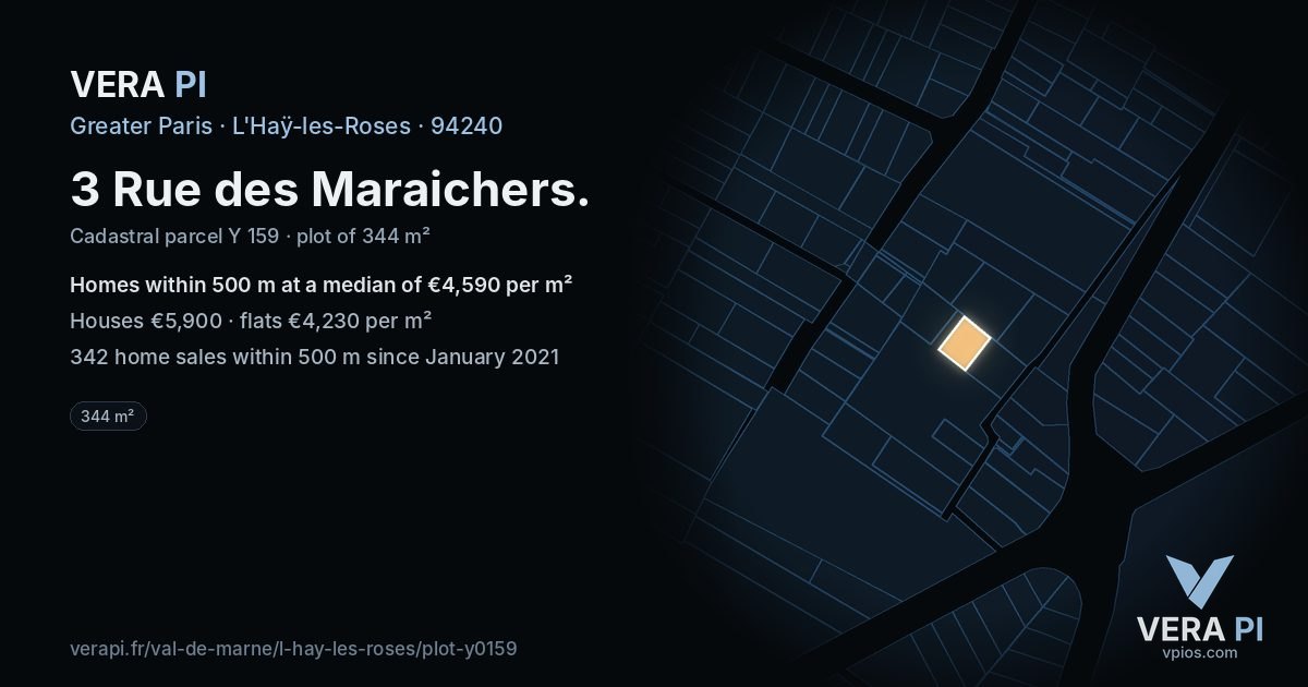 3 Rue des Maraichers, L'Haÿ-les-Roses at night – the plot lit, the parcels around coloured by the prices near them