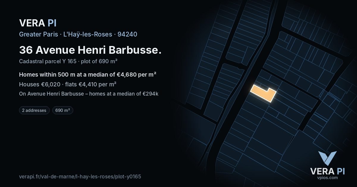 36 Avenue Henri Barbusse, L'Haÿ-les-Roses at night – the plot lit, the parcels around coloured by the prices near them
