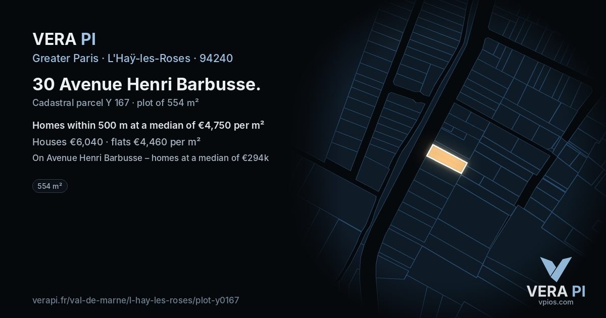 30 Avenue Henri Barbusse, L'Haÿ-les-Roses at night – the plot lit, the parcels around coloured by the prices near them