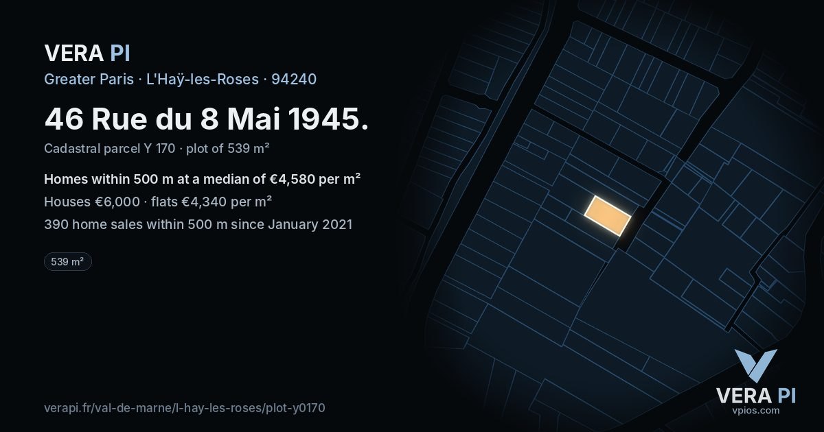 46 Rue du 8 Mai 1945, L'Haÿ-les-Roses at night – the plot lit, the parcels around coloured by the prices near them