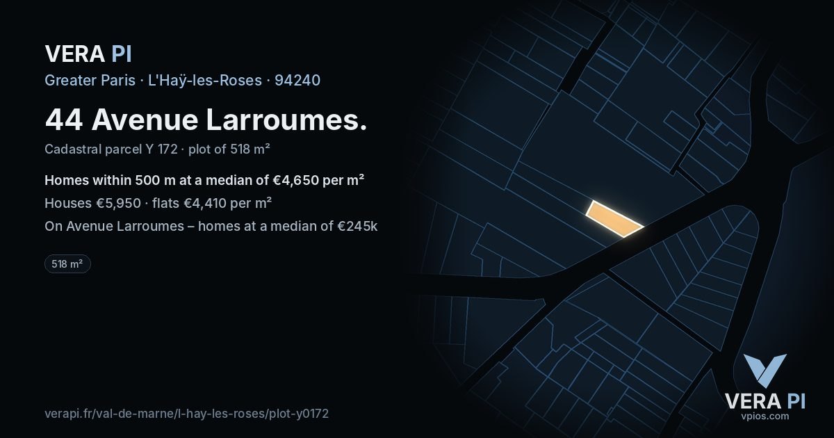 44 Avenue Larroumes, L'Haÿ-les-Roses at night – the plot lit, the parcels around coloured by the prices near them