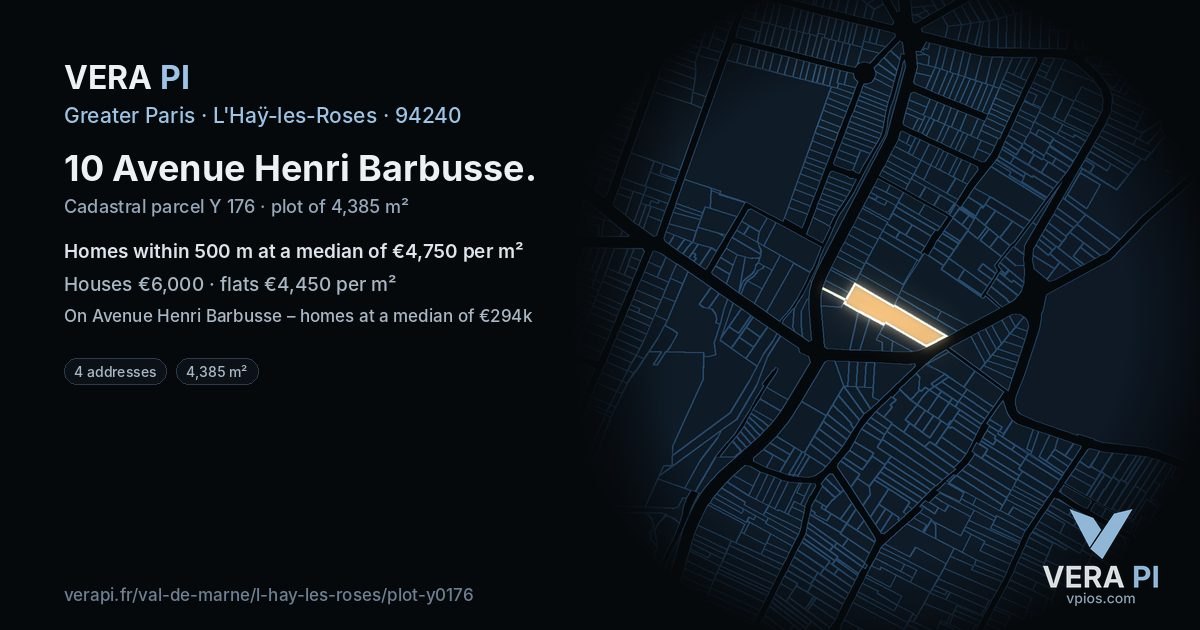 10 Avenue Henri Barbusse, L'Haÿ-les-Roses at night – the plot lit, the parcels around coloured by the prices near them