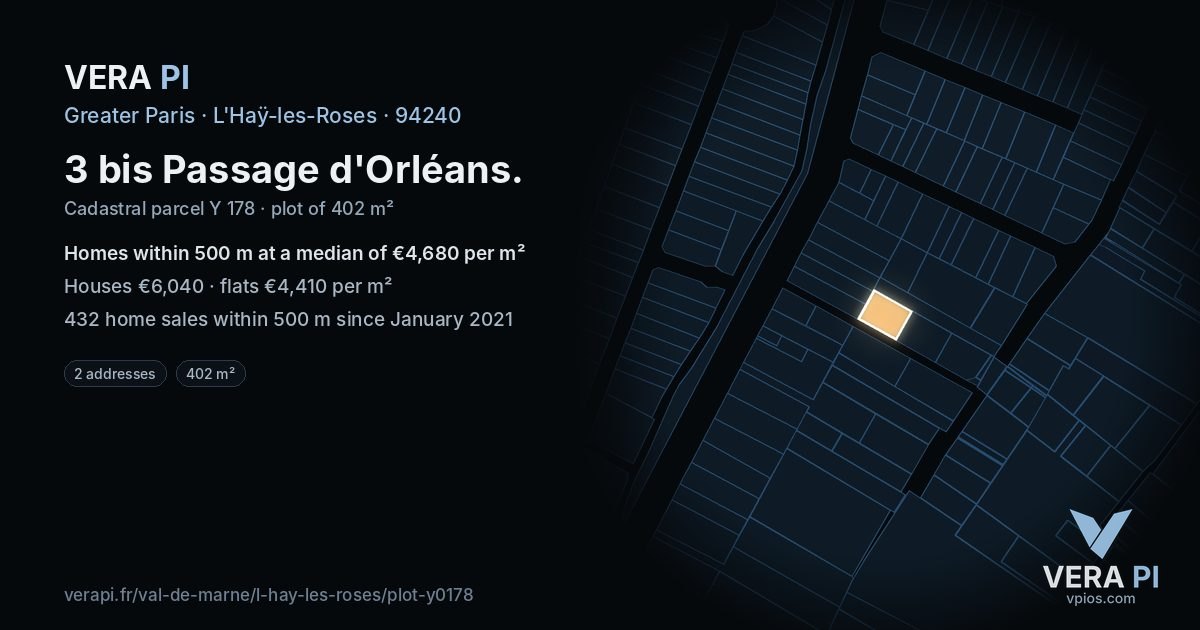 3 bis Passage d'Orléans, L'Haÿ-les-Roses at night – the plot lit, the parcels around coloured by the prices near them