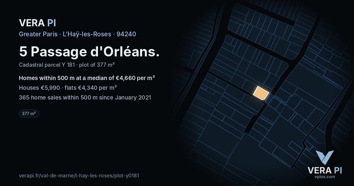 5 Passage d'Orléans, L'Haÿ-les-Roses at night – the plot lit, the parcels around coloured by the prices near them